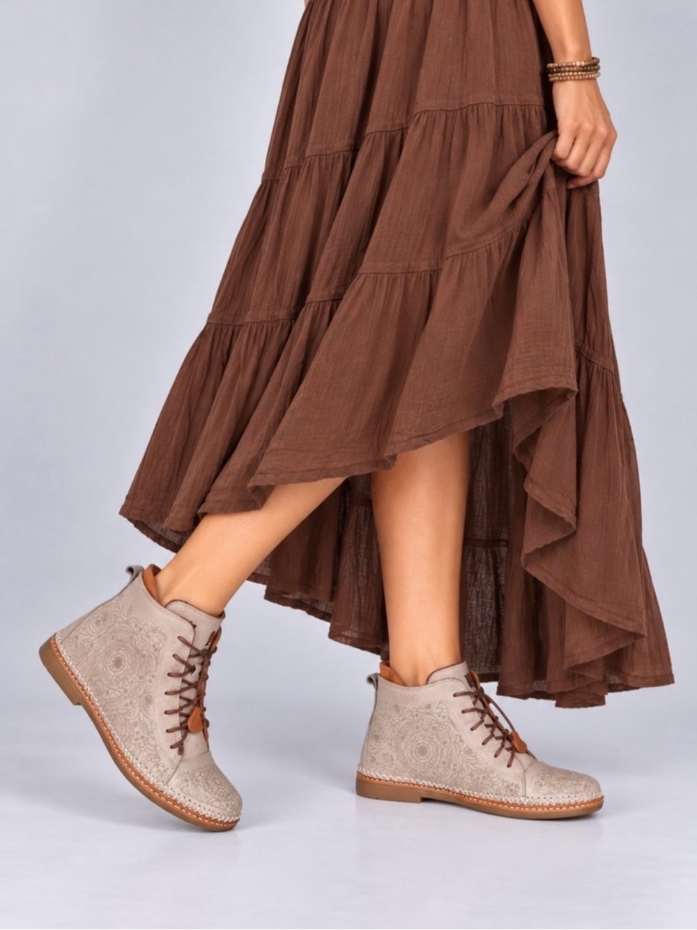 Ladies Biza Tessa Lace-Up Leather Ankle Boots in Light Gray